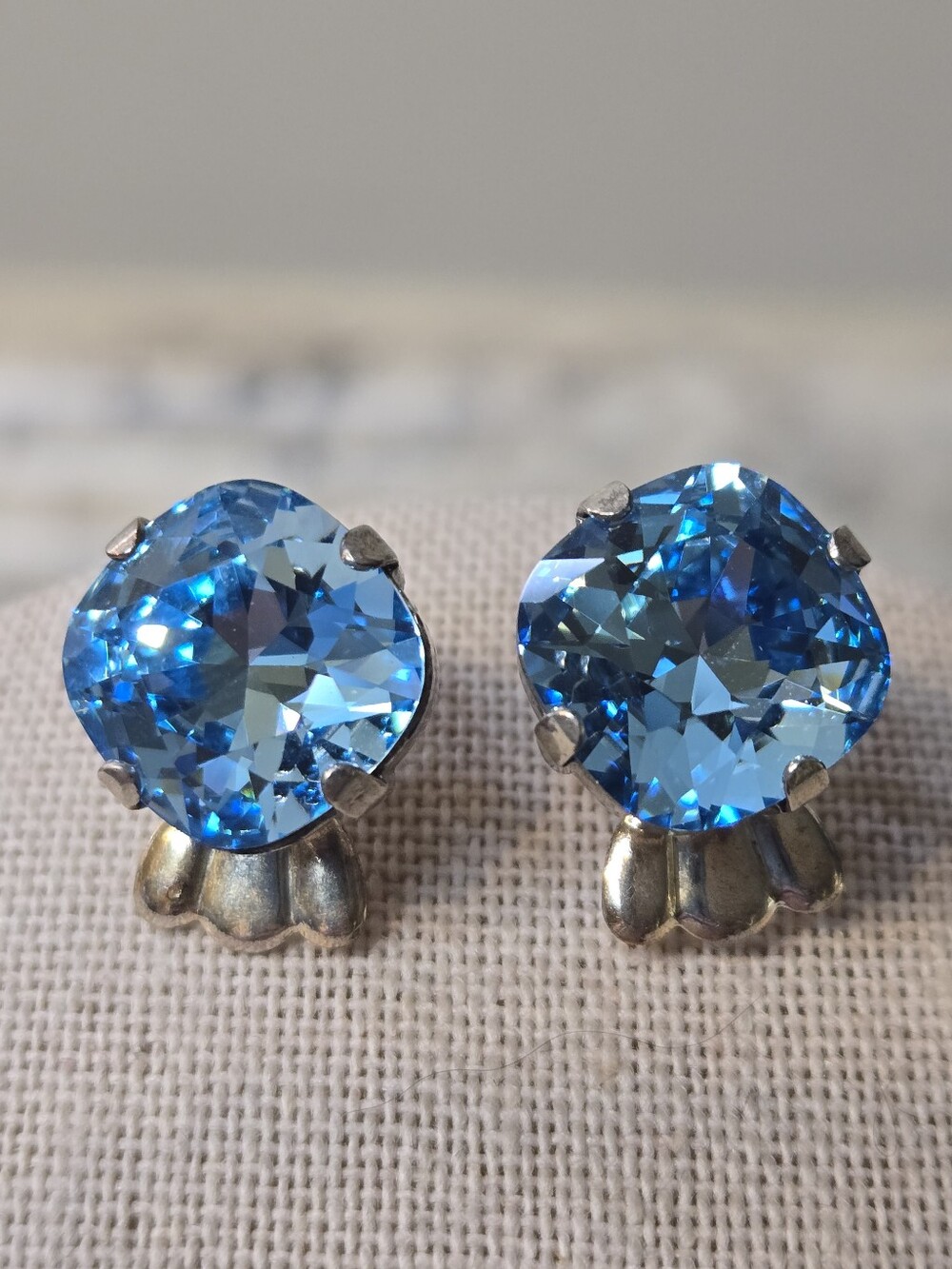 Sterling & Blue Crystal Cushion Cut Stud Earrings with Scalloped Back